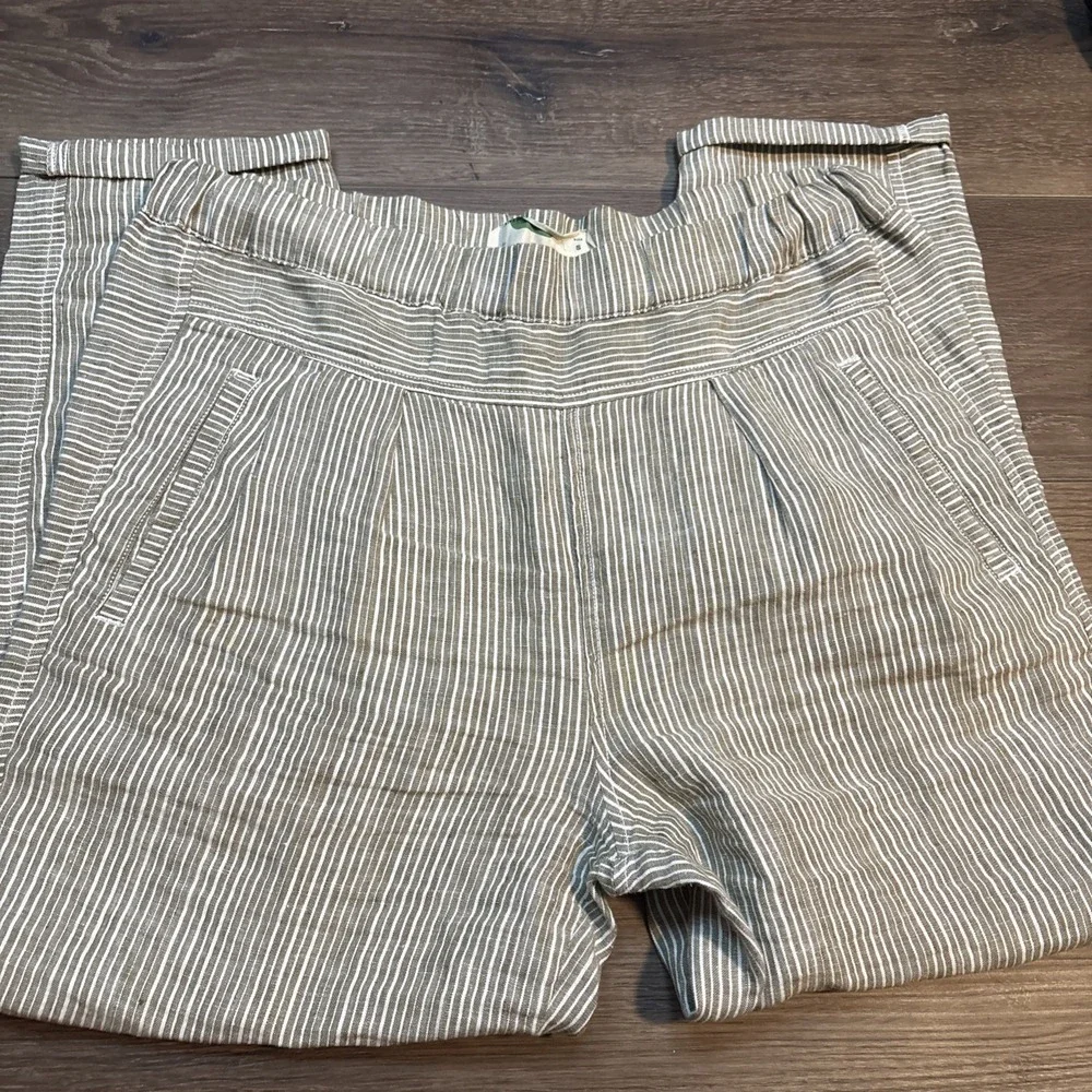 Anthropologie Linen Trousers Small Green Striped Coastal Pull-On Beach Pant